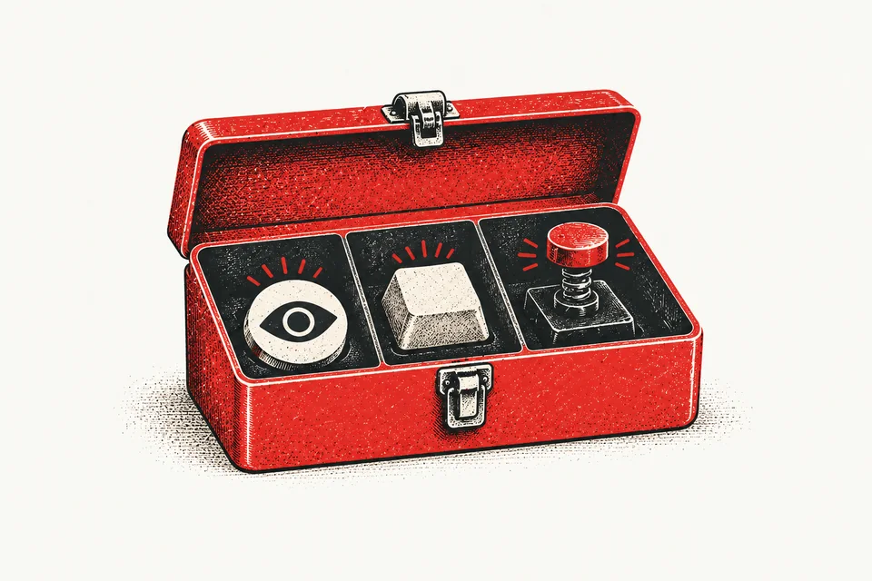 An open toolbox holds an eye symbol, a keyboard key and a spring-loaded push button.