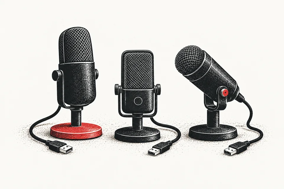 Three different USB microphones stand beside their USB connectors.