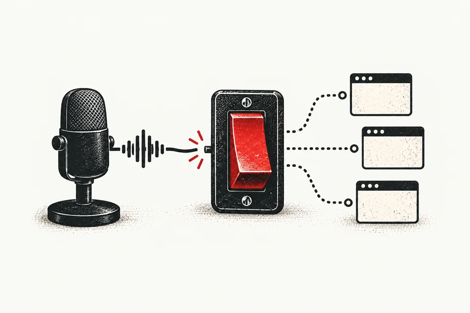 A red master mute switch interrupts one microphone signal before it branches to several application windows.