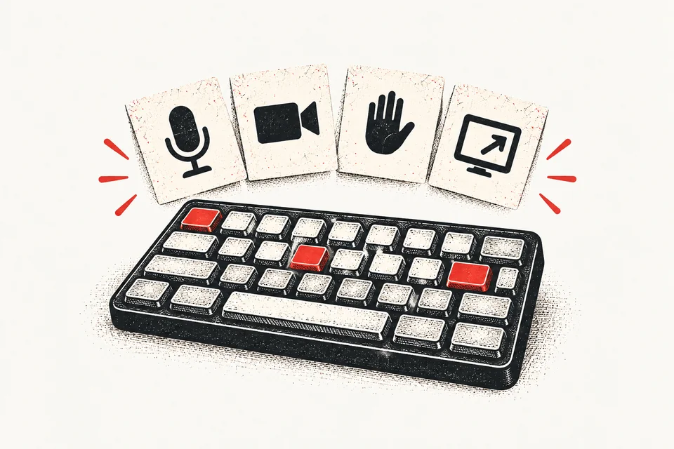 A keyboard with red keys sits below microphone, camera, raised-hand and screen-sharing symbols.