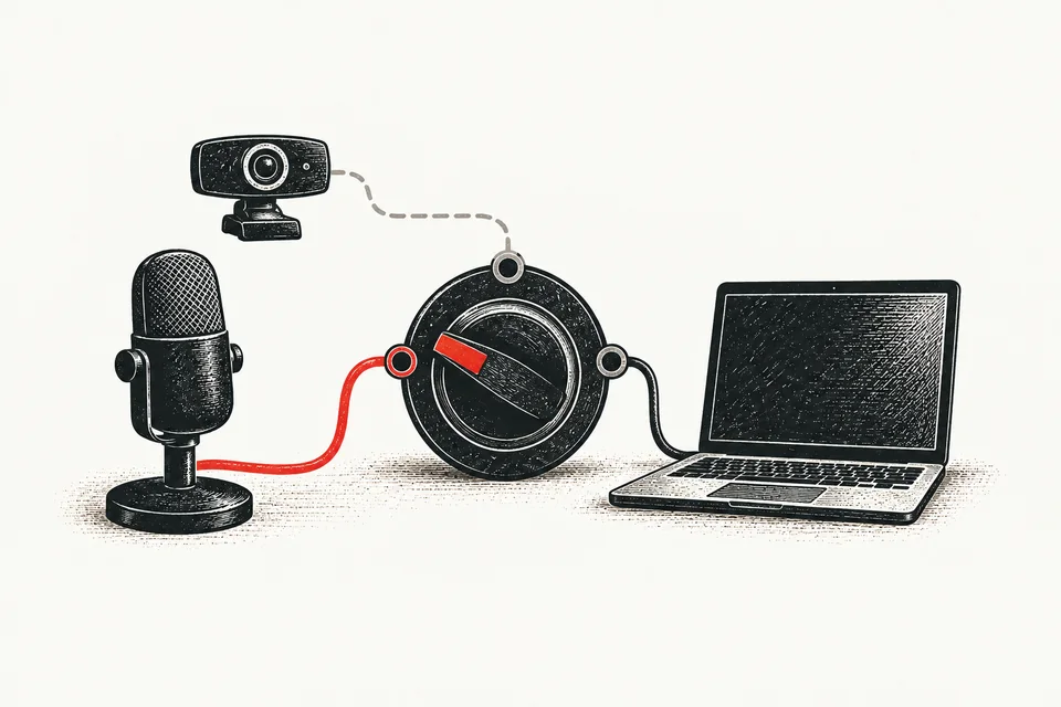 An input selector connects a desk microphone to a computer while a webcam remains unselected.