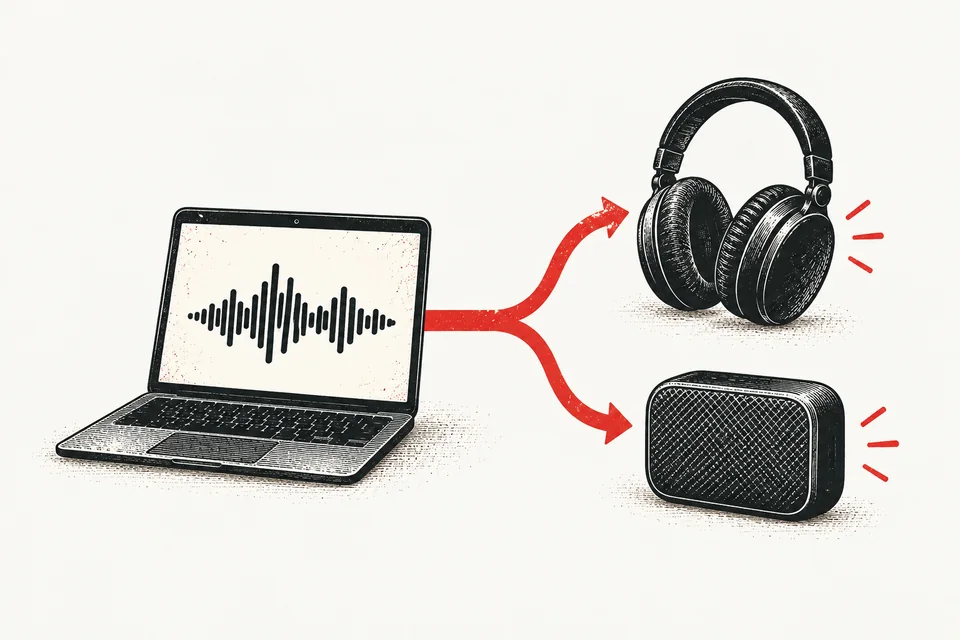 A laptop sends one waveform along two branches to headphones and a speaker.
