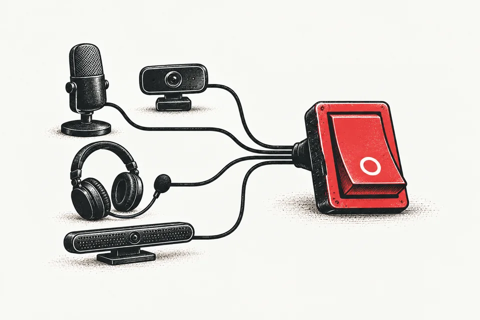 Four different microphones send cables into one large red switch that is turned off.