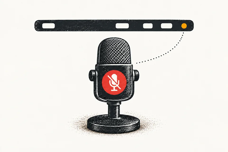A small amber dot glows at the end of a charcoal menu bar above a large microphone wearing a red mute badge.