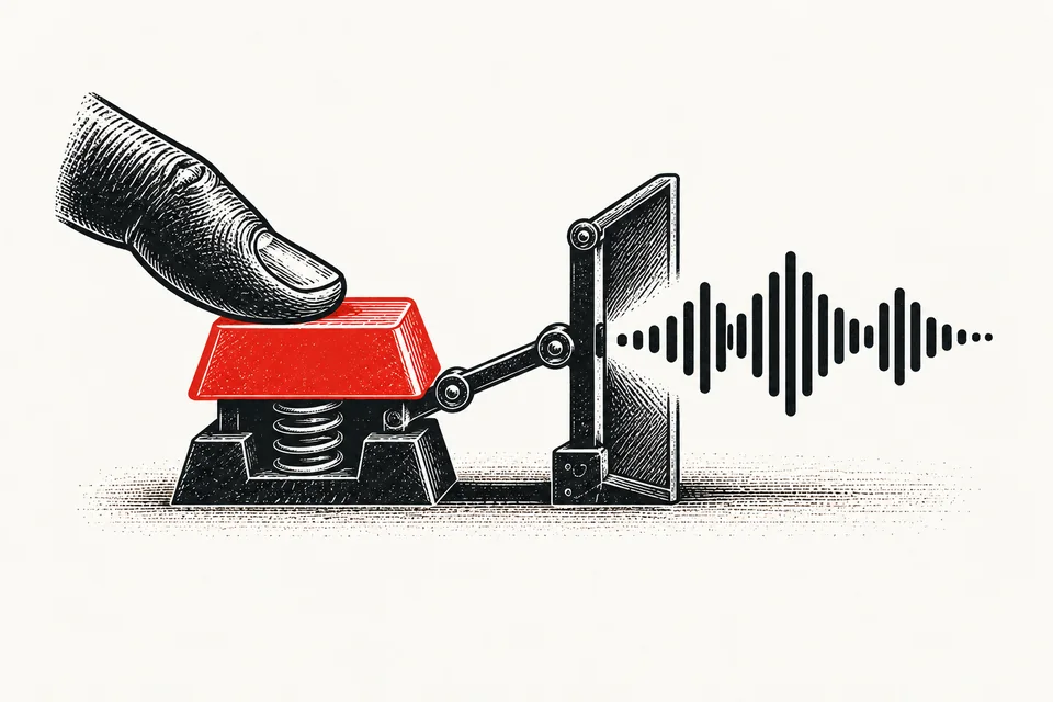 A finger holds a key down while a voice waveform passes through an open gate.