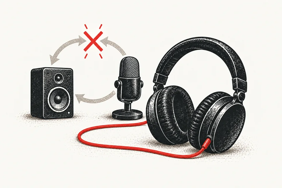 Headphones receive audio while a broken feedback loop between a speaker and microphone fades behind them.