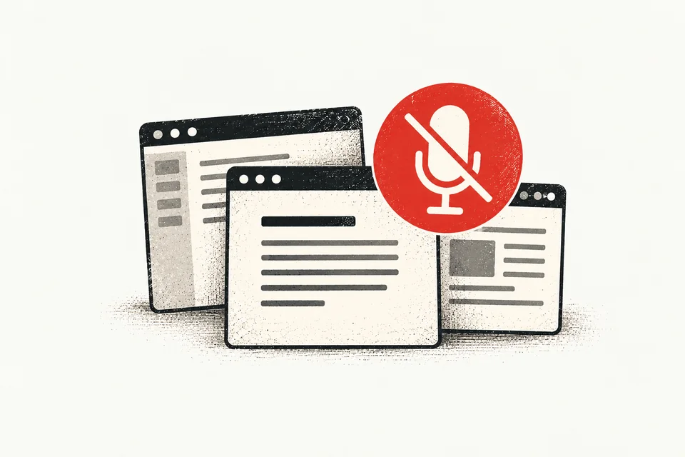 A red crossed-out microphone badge floats above a stack of document windows.