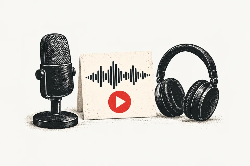 A desktop microphone stands beside a recorded waveform, a red playback button and headphones.